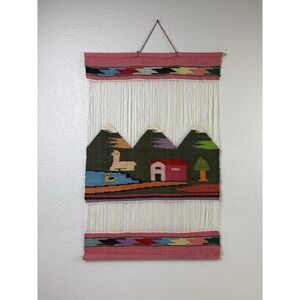 Loomed Wool Peruvian Tapestry Boho Woven Wall Hanging Vintage Peru Folk Art